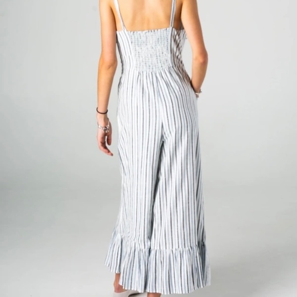 LoveShackFancy Edeline Navy Blue Stripped Sleeveless Ruffled Hem Jumpsuit Sz 4 - Picture 2 of 12